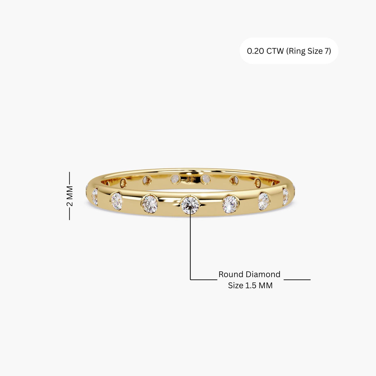 14K yellow gold flush set diamond wedding band with round lab grown diamonds, 2mm wide band, 0.20 ctw, low profile minimalist design