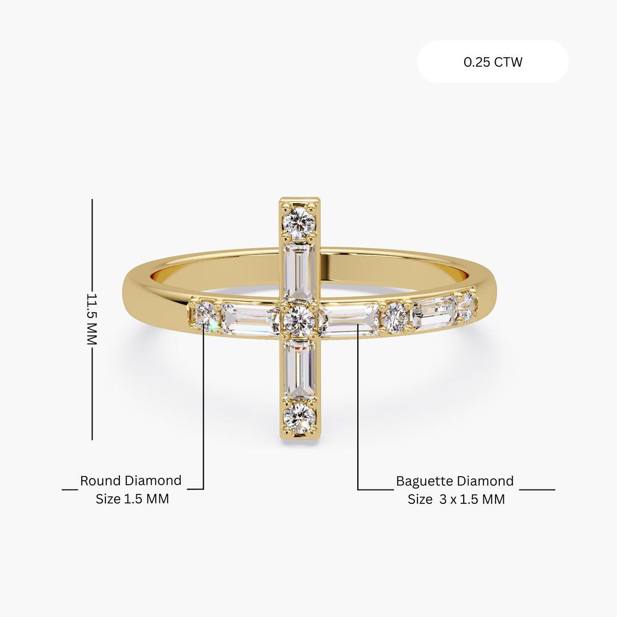 Modern gold cross ring with baguette diamonds and round lab diamonds set in a minimalist sideways cross style