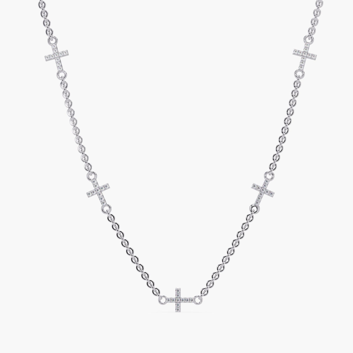 5 station lab grown diamond cross necklace in 14K white gold with pavé set crosses on chain