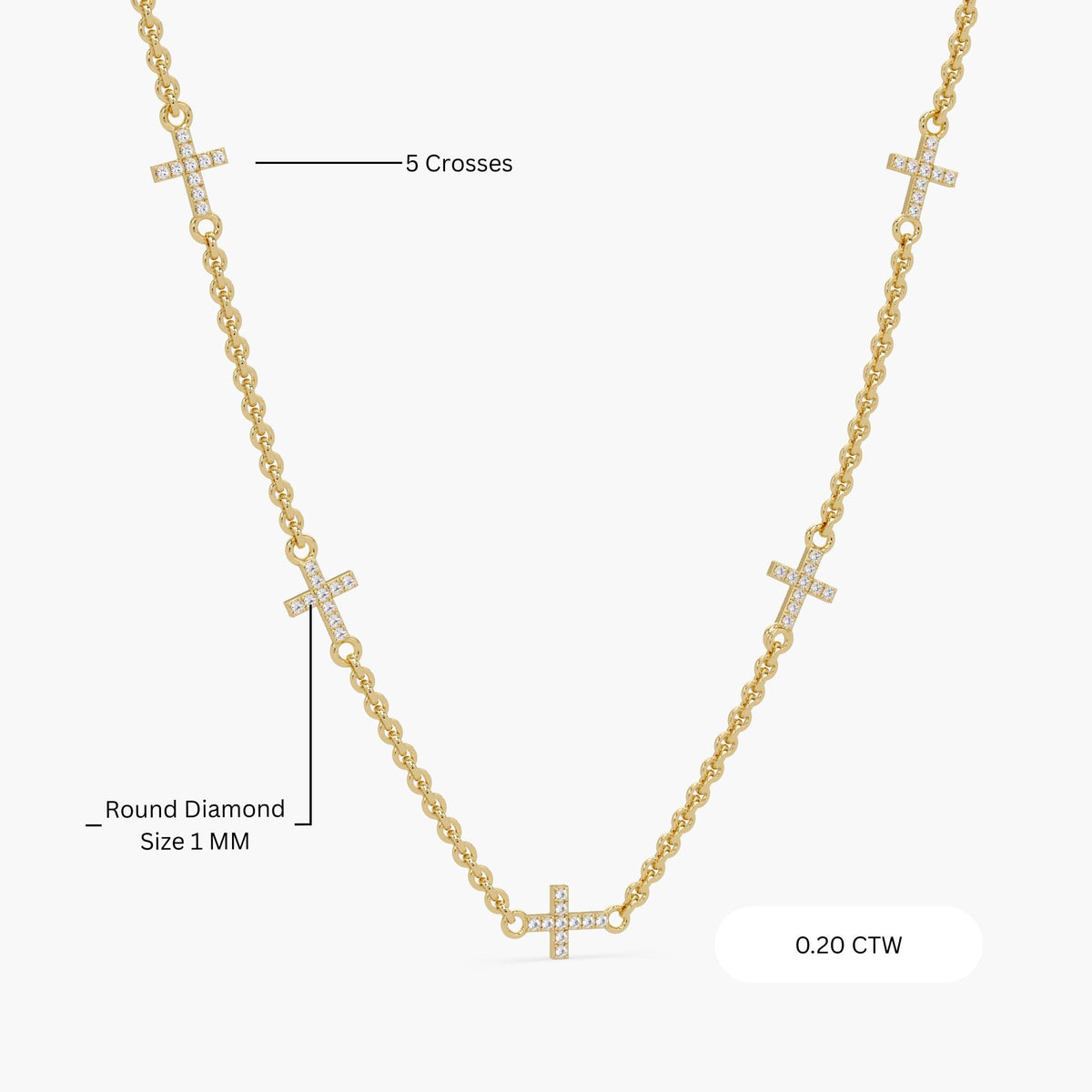 14K yellow gold diamond sideways cross necklace with five pavé-set natural diamond crosses on a delicate cable chain