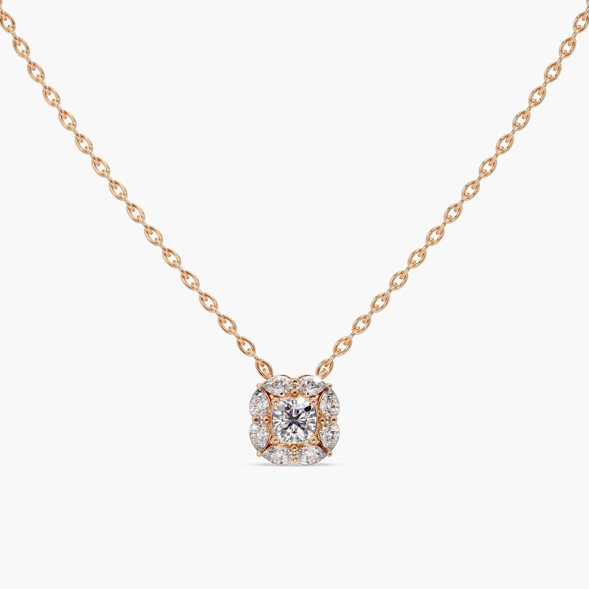 14K rose gold cushion halo pendant necklace with 1 carat IGI lab-grown diamond and pear-cut cluster setting — romantic Art Deco necklace for anniversary, layering, or bridal gift