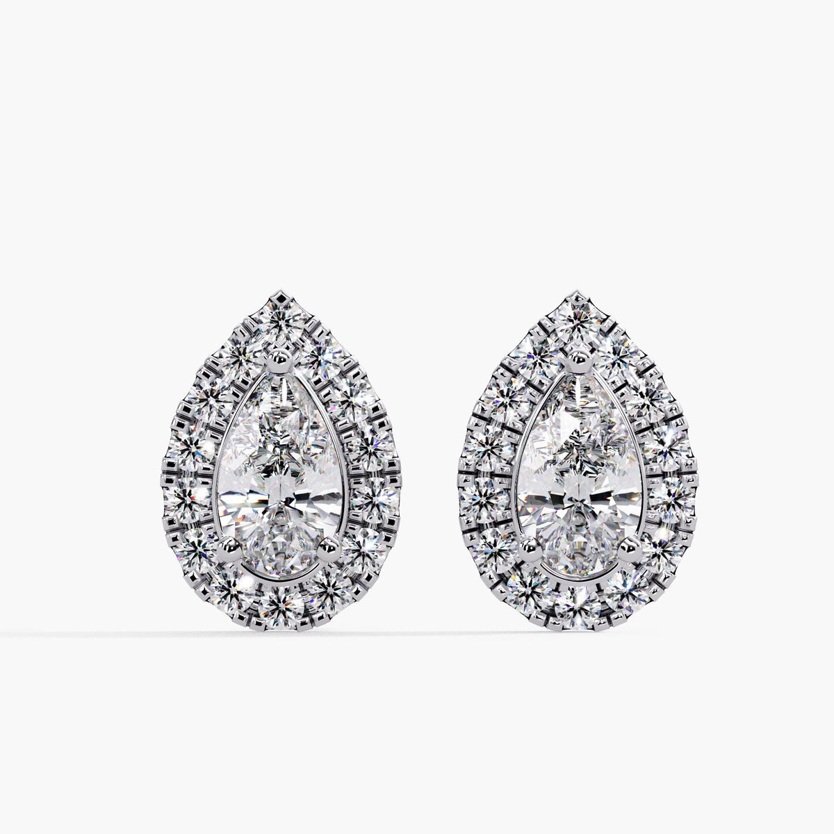 Pear cut lab grown diamond halo stud earrings in 14K white gold, 1.2 CTW