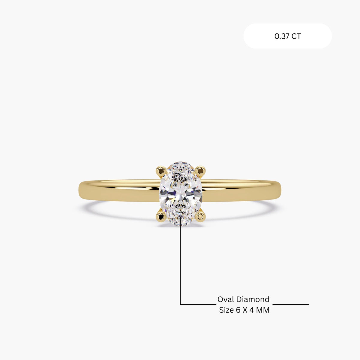 Oval lab grown diamond solitaire ring in 14K yellow gold showing a 0.37 carat oval center stone with labeled diamond size details.
