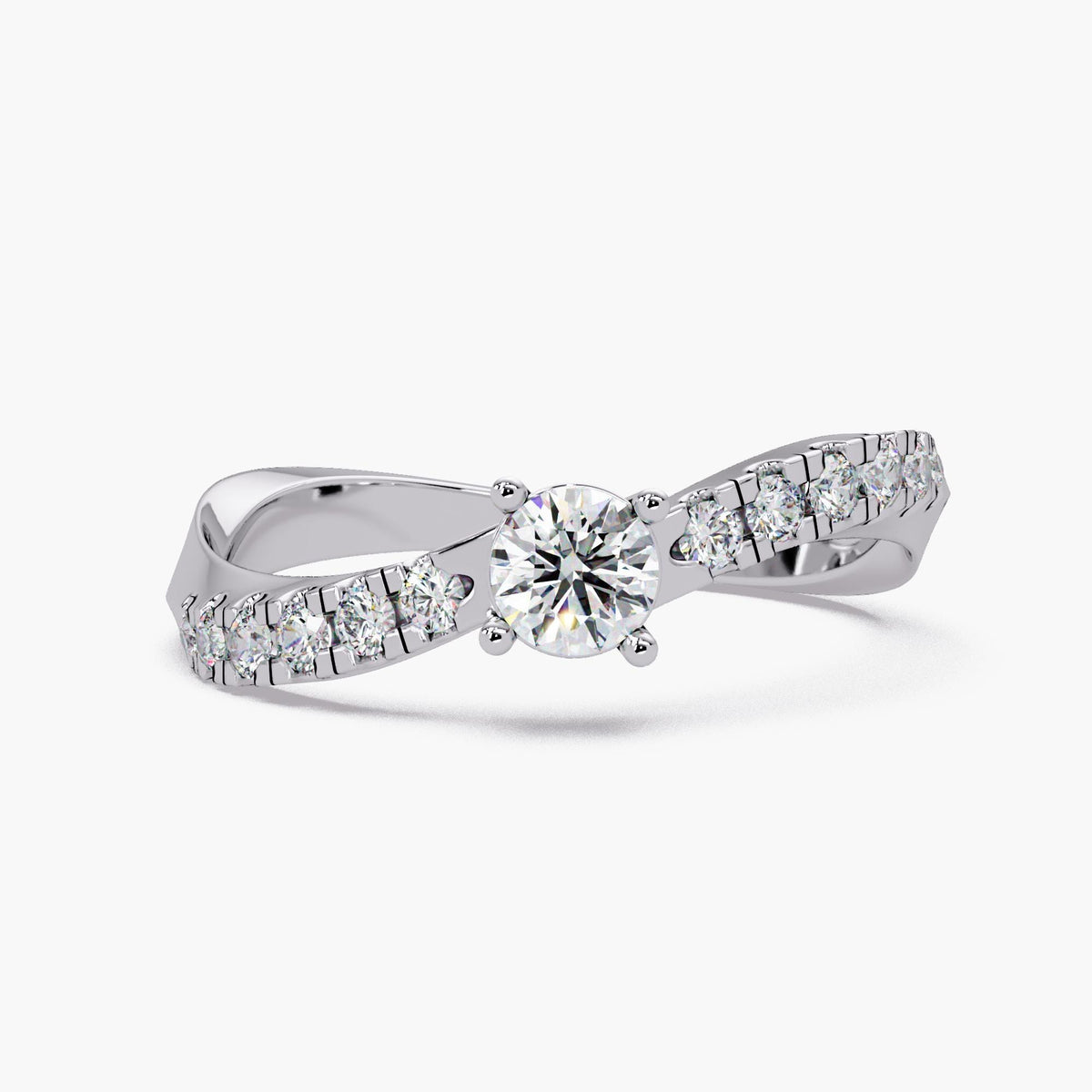 14K white gold or 925 silver wavy diamond ring with round lab grown solitaire and pavé diamond band, minimalist bridal ring or statement ring