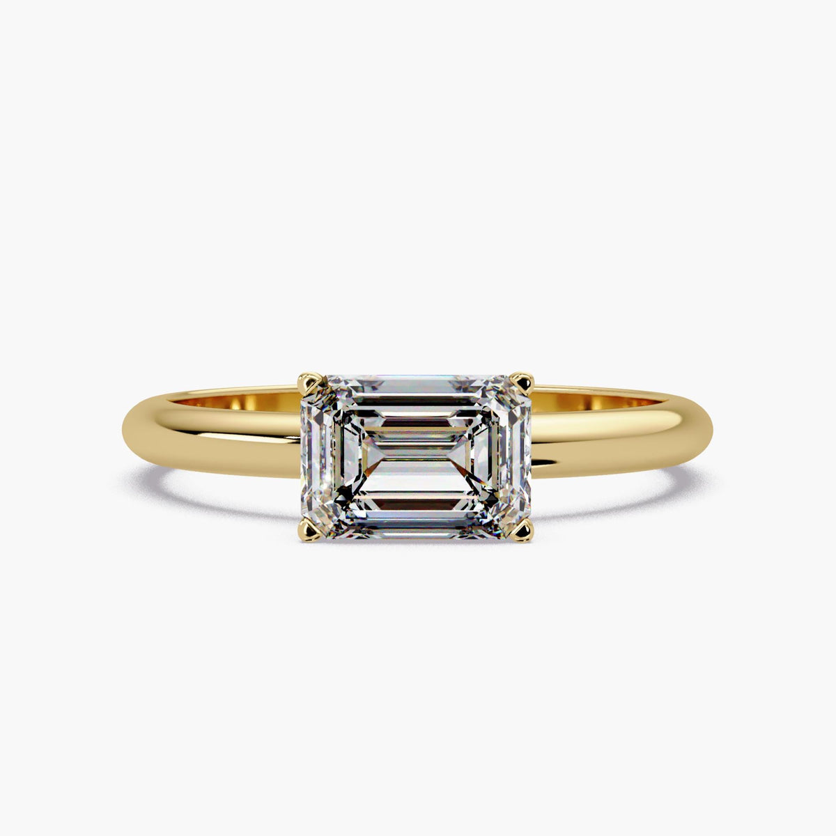 1CT emerald cut lab diamond east west solitaire ring in 14K yellow gold, minimalist engagement ring and stackable statement ring for everyday wear