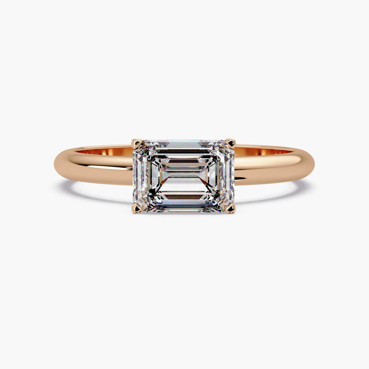 14K rose gold east west emerald cut lab diamond ring, 1ct solitaire engagement ring that layers beautifully as a stackable ring