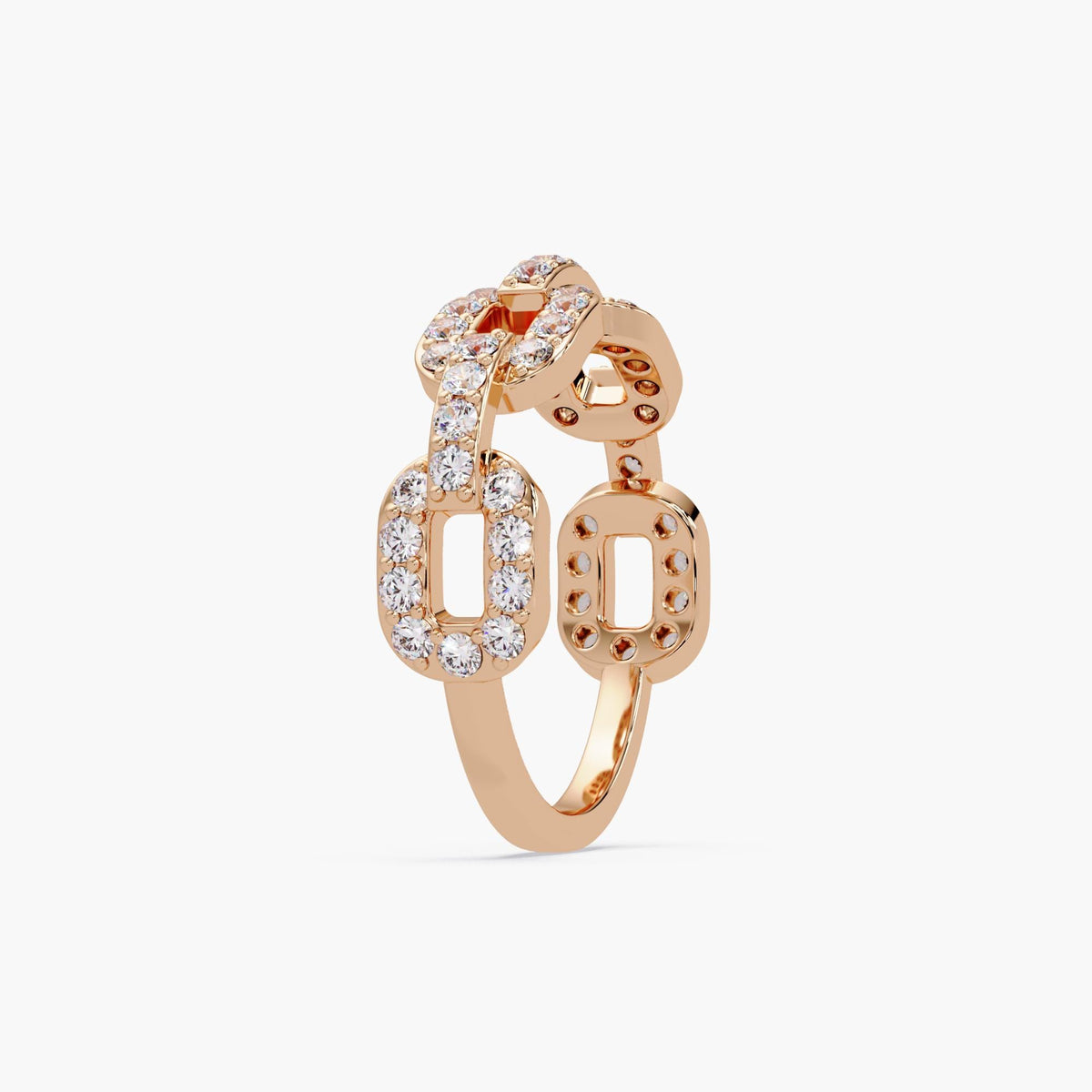 Rose gold diamond chain ring with pavé diamonds, modern diamond link band crafted in solid gold, luxury statement ring for women