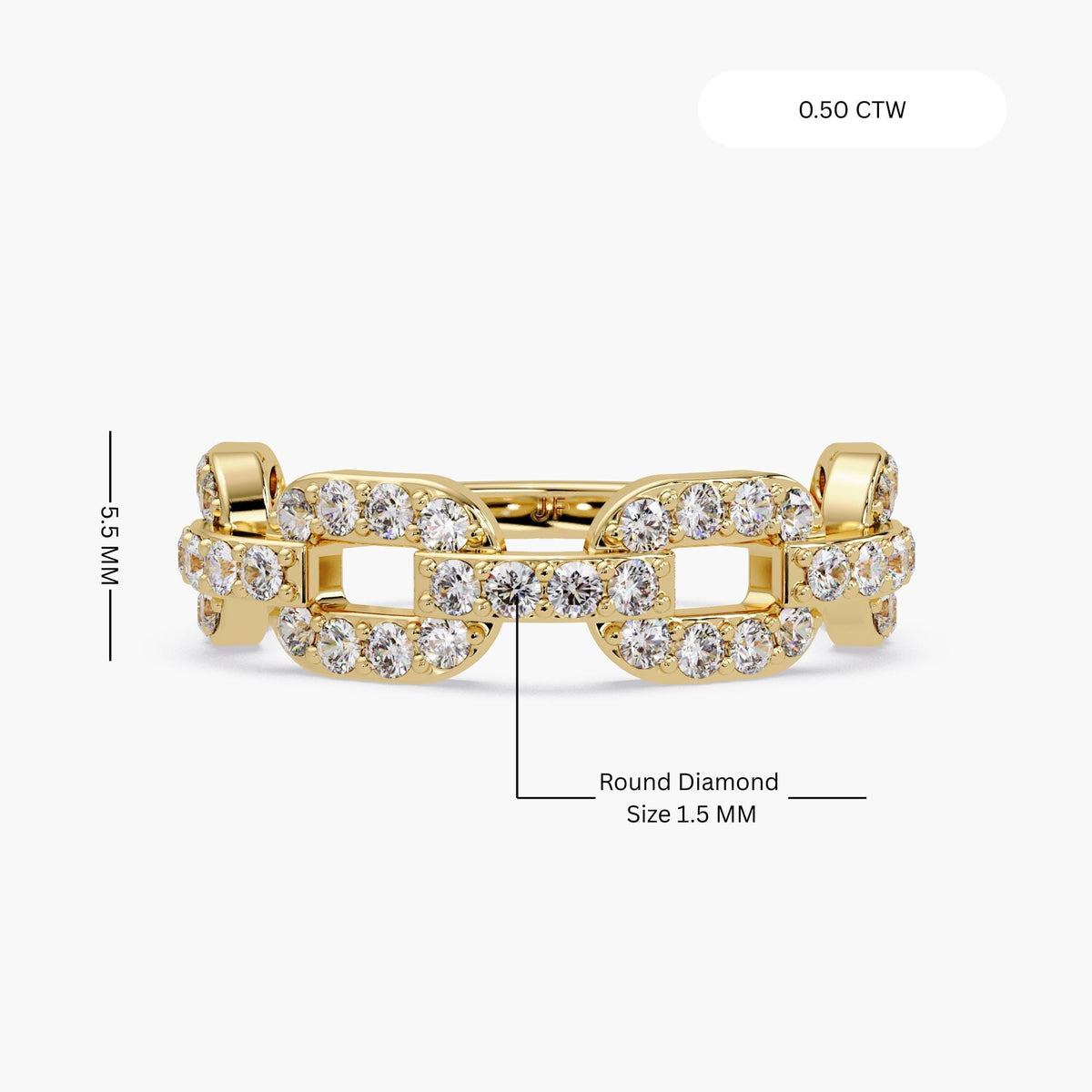 Diamond chain ring featuring interlocking gold link design with pavé diamonds, lab grown diamond band in solid 14K gold, contemporary statement ring for everyday wear or gifting