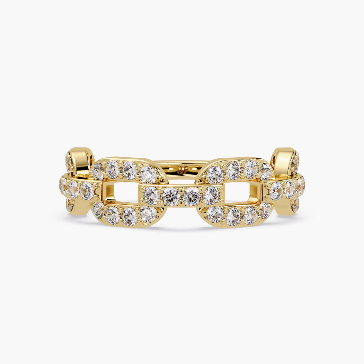 14K gold chain link diamond ring with pavé-set lab grown round diamonds, modern diamond statement ring designed as a gold chain band, gift-ready fine jewelry ring for women