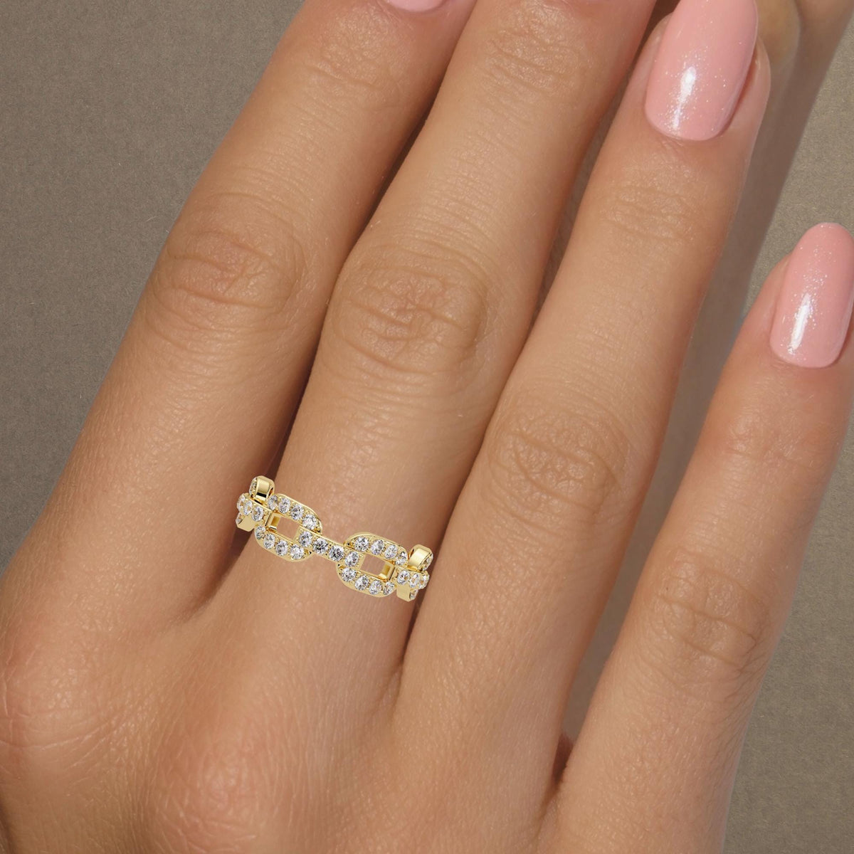 Gold chain link diamond ring worn on hand, pavé diamond statement ring in solid 14K gold, elegant gift for her suitable for birthdays, anniversaries, or special occasions