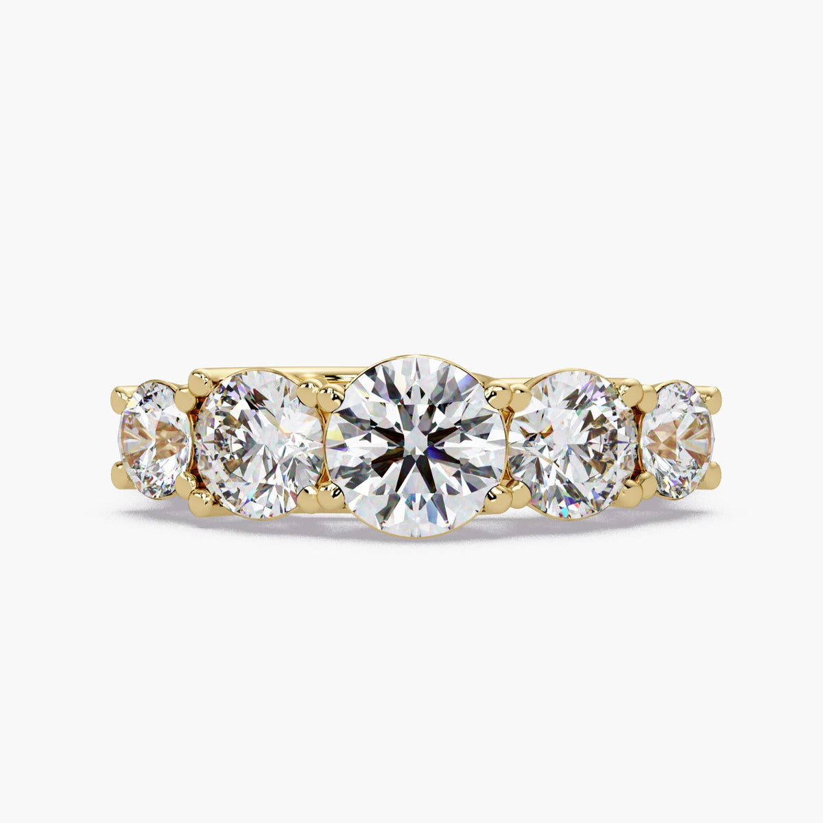 2.25 CTW lab-grown diamond ring in 14K yellow gold with a round 5 stone graduated band, perfect as a lab diamond engagement band or anniversary band.