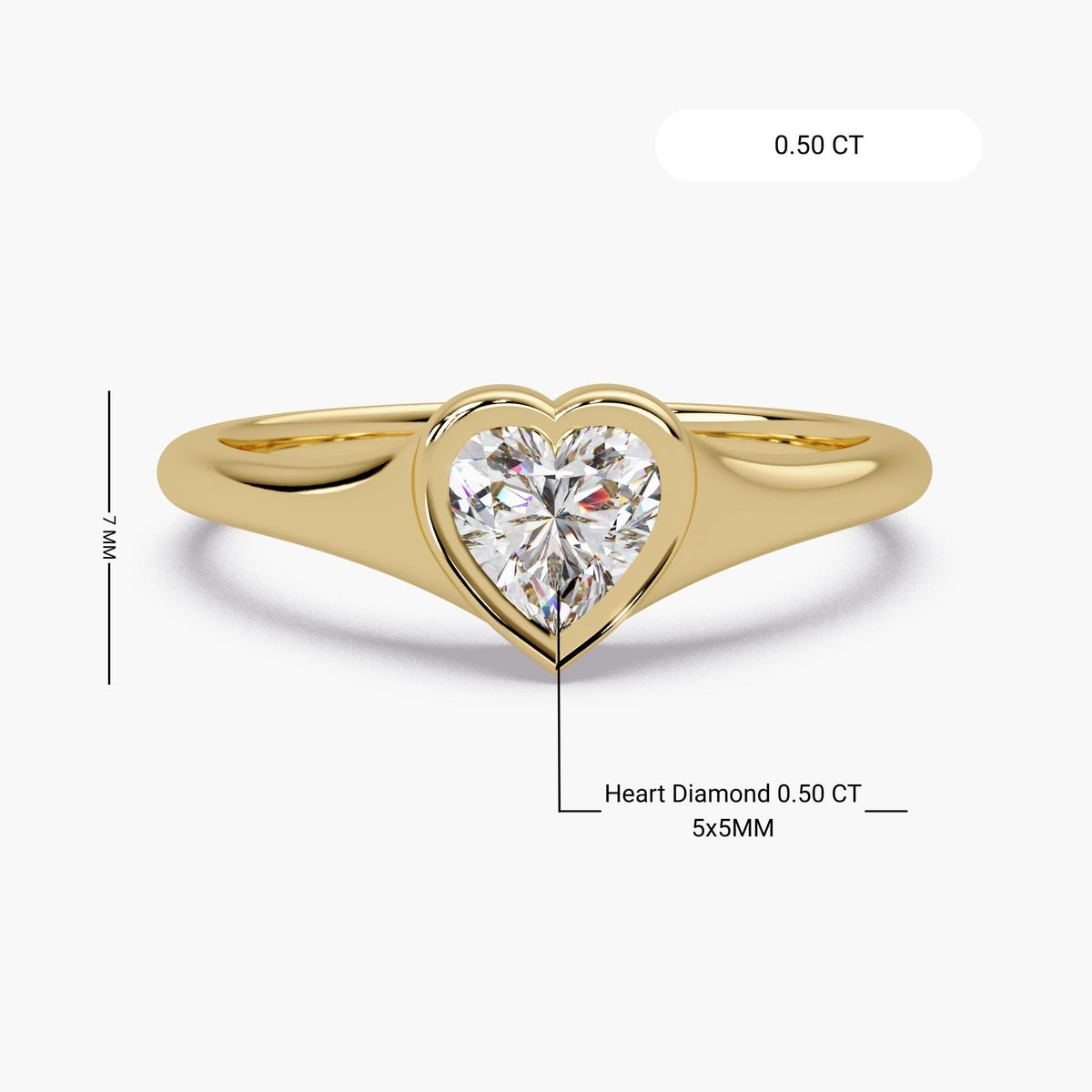 0.50 CT heart cut lab diamond ring in 14K yellow gold with bezel setting, showing 5x5mm heart diamond size and low profile design for a minimalist promise ring or Valentine’s Day gift.