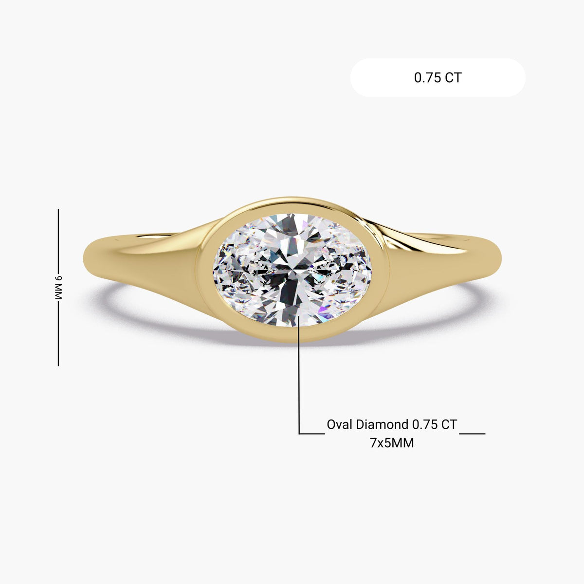 Ring size details for a 0.75 CT oval lab diamond bezel ring in 14K yellow gold, featuring a 7x5mm oval diamond and low profile setting for a minimalist promise ring, pinky ring, or modern engagement ring.