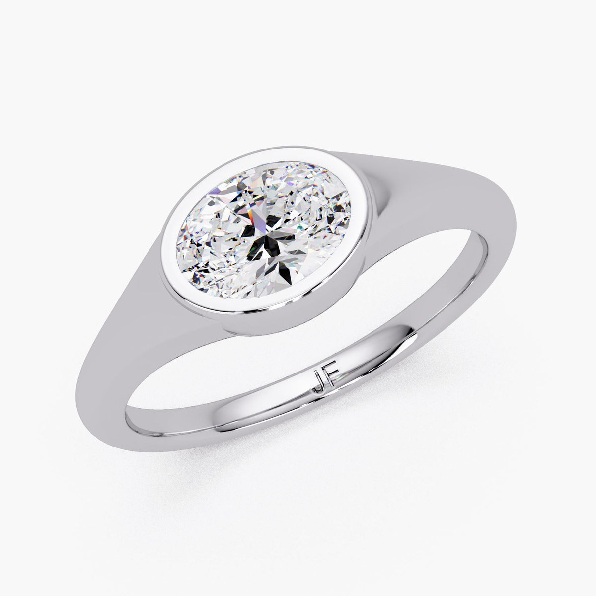 14K white gold bezel set oval lab diamond ring with a smooth tapered band, a minimalist oval solitaire ring for everyday wear, stacking, a promise ring, or a modern engagement ring.