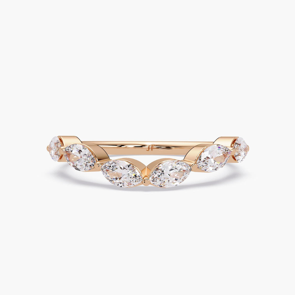 Marquise diamond band with a gentle curve, crafted in 14K rose gold with lab grown diamonds, minimalist wedding band enhancer style
