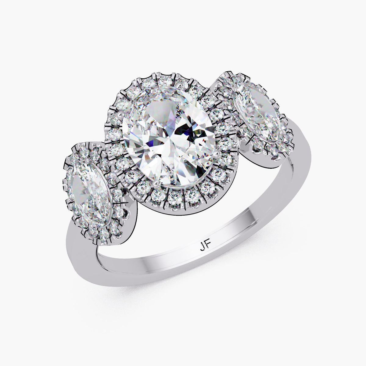 14K white gold oval lab grown diamond 3 stone halo engagement ring with IGI certified 1CT center oval, oval side stones, and pavé round diamond halos, 1.75 CTW trilogy ring with smooth band