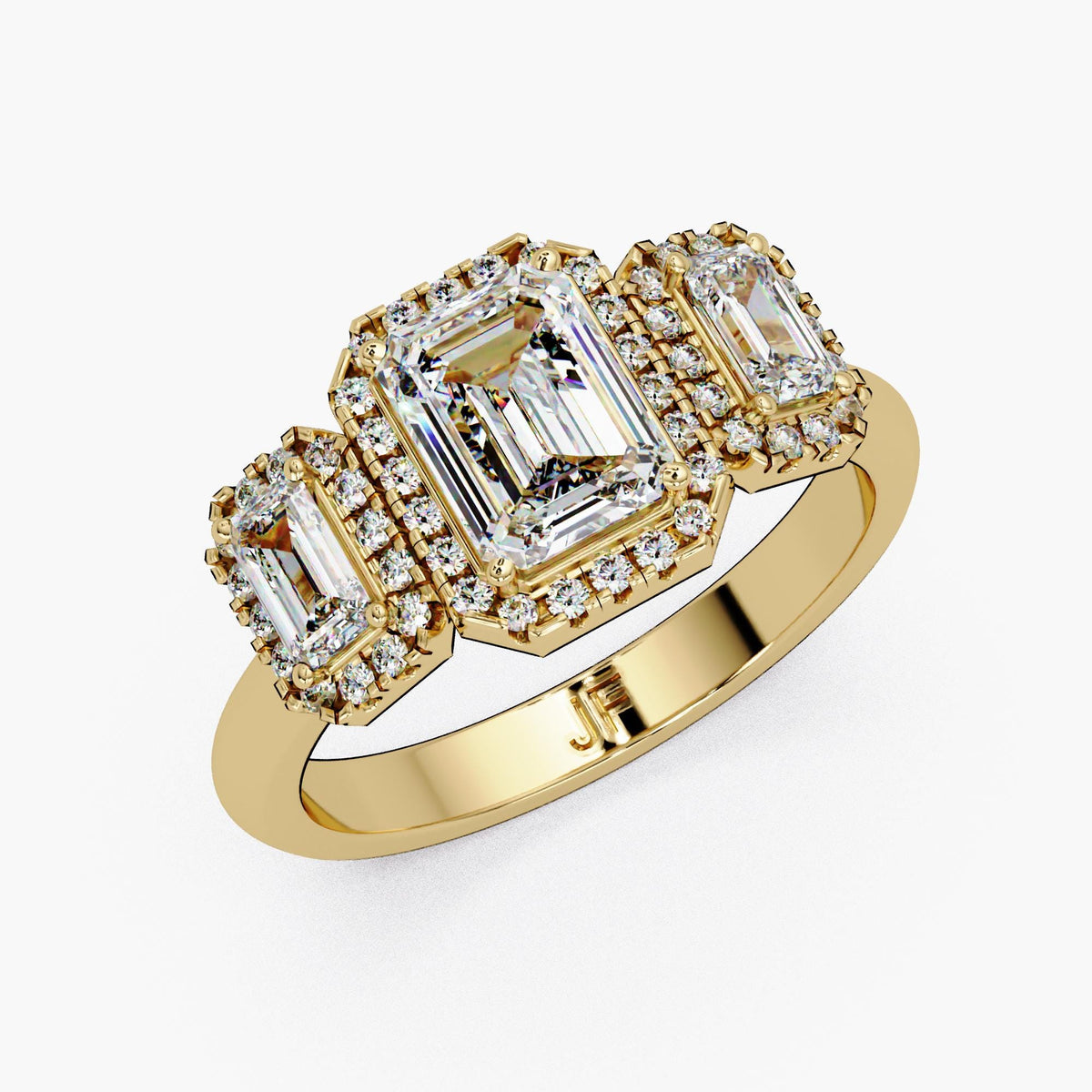 Three Stone Halo, Emerald cut 3 stone setting, Anniversary ring three stone, 1 carat emerald cut ring, Lab grown diamond three stone ring, Emerald cut halo engagement ring, Vintage inspired three stone engagement ring, Art deco emerald cut ring
