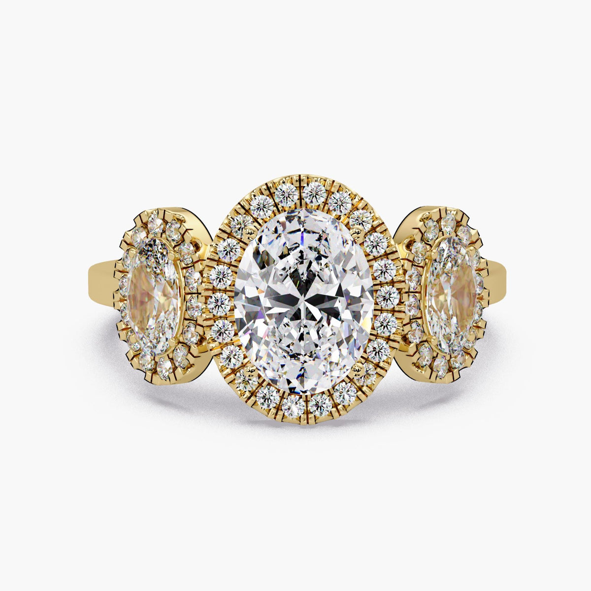 Oval lab grown diamond 3 stone halo engagement ring in 14K yellow gold with IGI certified 1CT center oval and pavé round diamond accents, 1.75 CTW statement anniversary ring