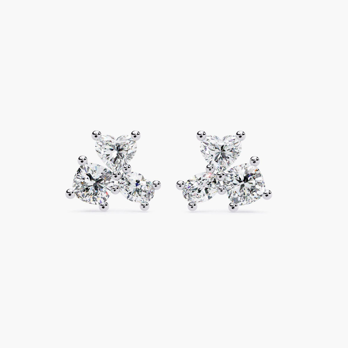 Lab Created Diamond Cluster Stud Earrings, Solid Gold Multi Diamond Studs, Heart Oval Round Shape Earrings, Fine Jewelry Gift for Women