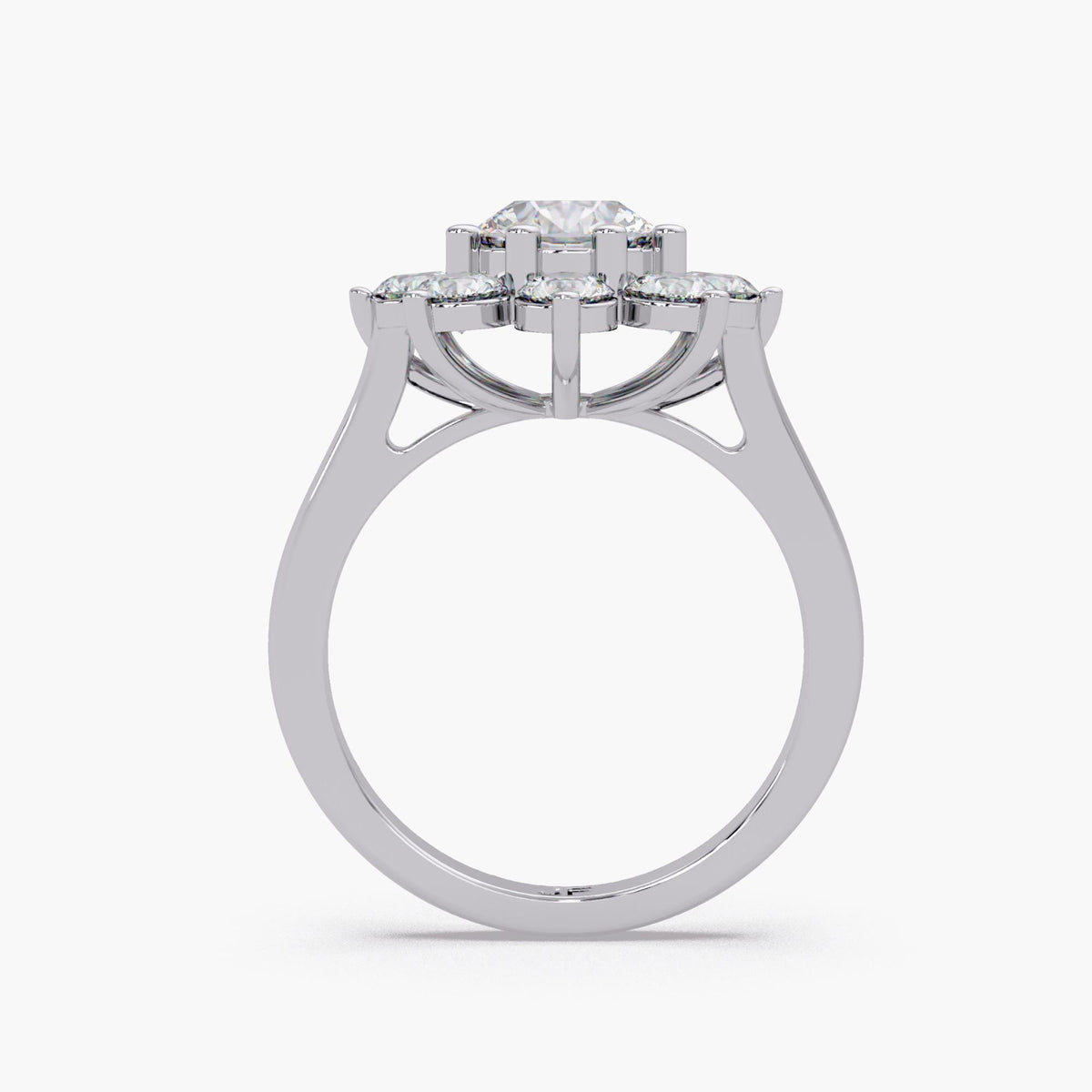 14K white gold floral halo ring. The 1.25CT center lab-grown diamond radiates brilliance, surrounded by eight shimmering accent stones that create a sunburst effect. This piece is designed to symbolize blooming love and timeless elegance for an engagement or special milestone.