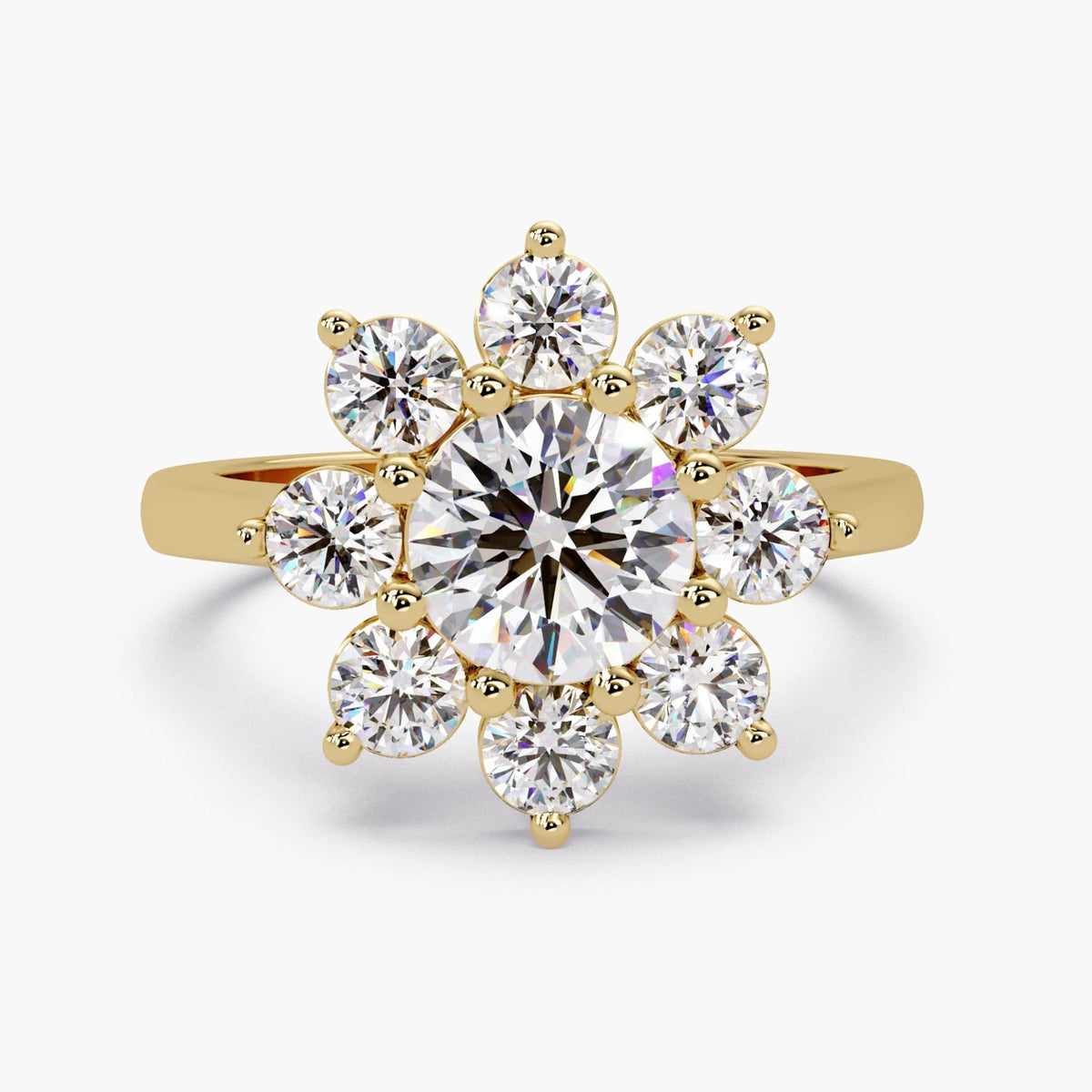 14K yellow gold floral halo ring. The 1.25CT center lab-grown diamond radiates brilliance, surrounded by eight shimmering accent stones that create a sunburst effect. This piece is designed to symbolize blooming love and timeless elegance for an engagement or special milestone.