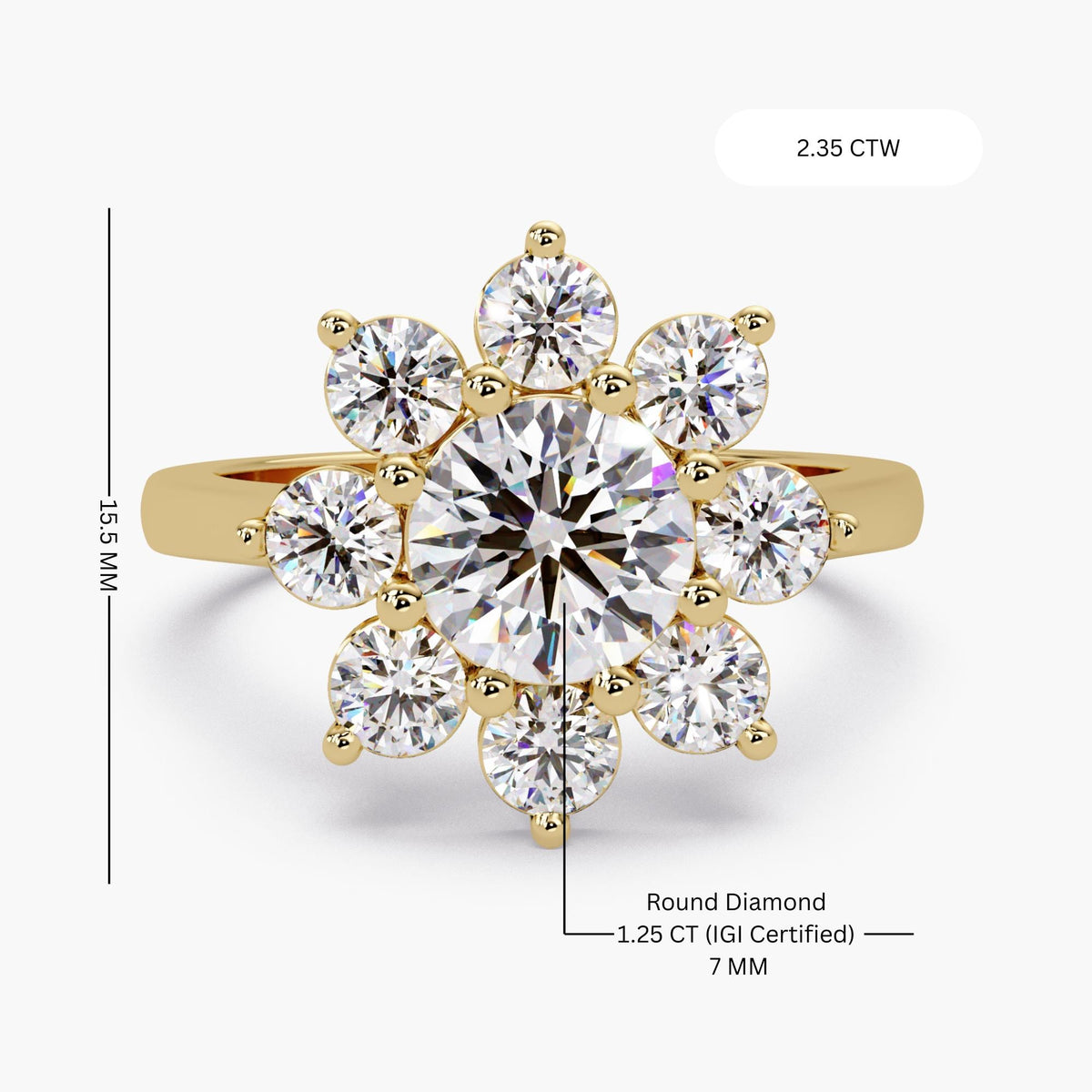 14K yellow gold floral halo ring. The 1.25CT center lab-grown diamond radiates brilliance, surrounded by eight shimmering accent stones that create a sunburst effect. This piece is designed to symbolize blooming love and timeless elegance for an engagement or special milestone.