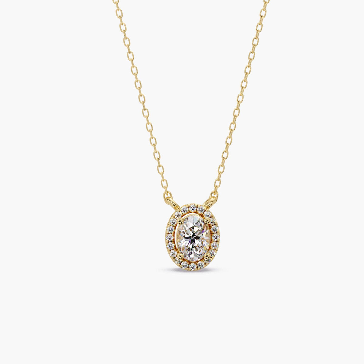 Oval 0.45ct lab grown diamond pendant with halo setting in solid 14K gold, diamond necklace for women