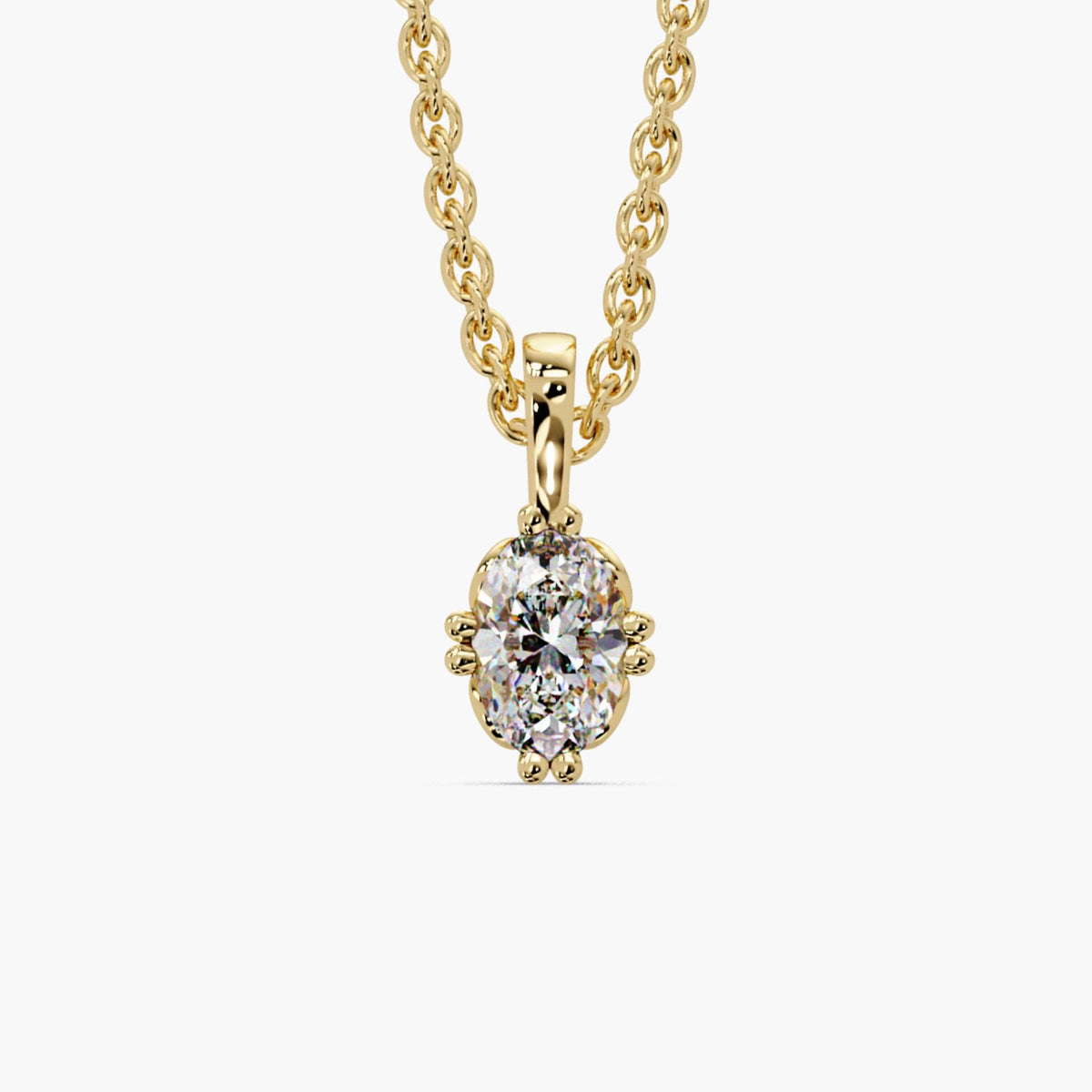 Compass set oval lab grown diamond pendant necklace in 14K yellow gold, oval solitaire diamond necklace on a dainty cable chain, 0.50–3.00 CTW, anniversary gift or bridal necklace