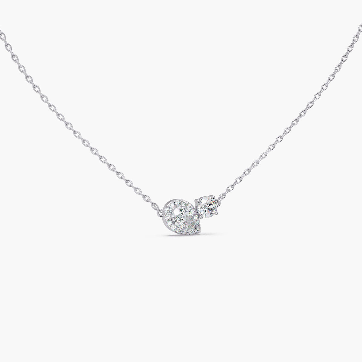 14K white gold toi et moi necklace with IGI certified lab grown diamonds, pear halo and round cut two stone pendant, minimalist bridal jewelry.