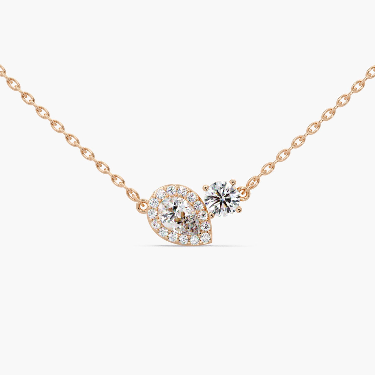14K rose gold toi et moi necklace with lab grown diamonds, pear halo and round cut two stone pendant, gift ready fine jewelry.