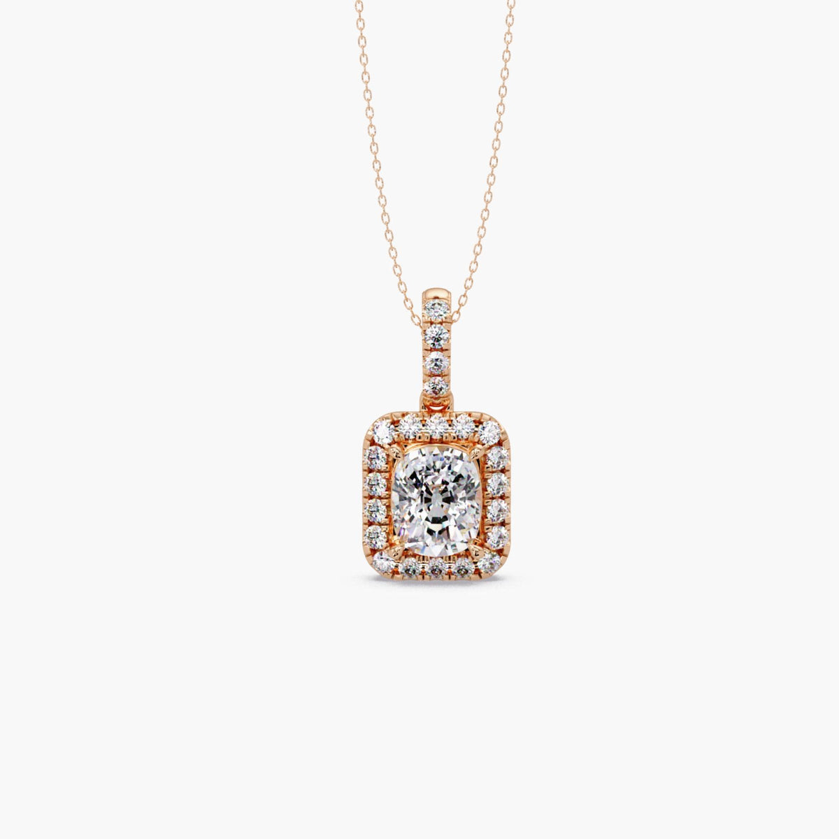 14K rose gold cushion cut lab grown diamond halo pendant necklace with pavé halo and pavé bail on 16–18 inch cable chain, 3.50 CTW, IGI certified 3 CT center diamond
