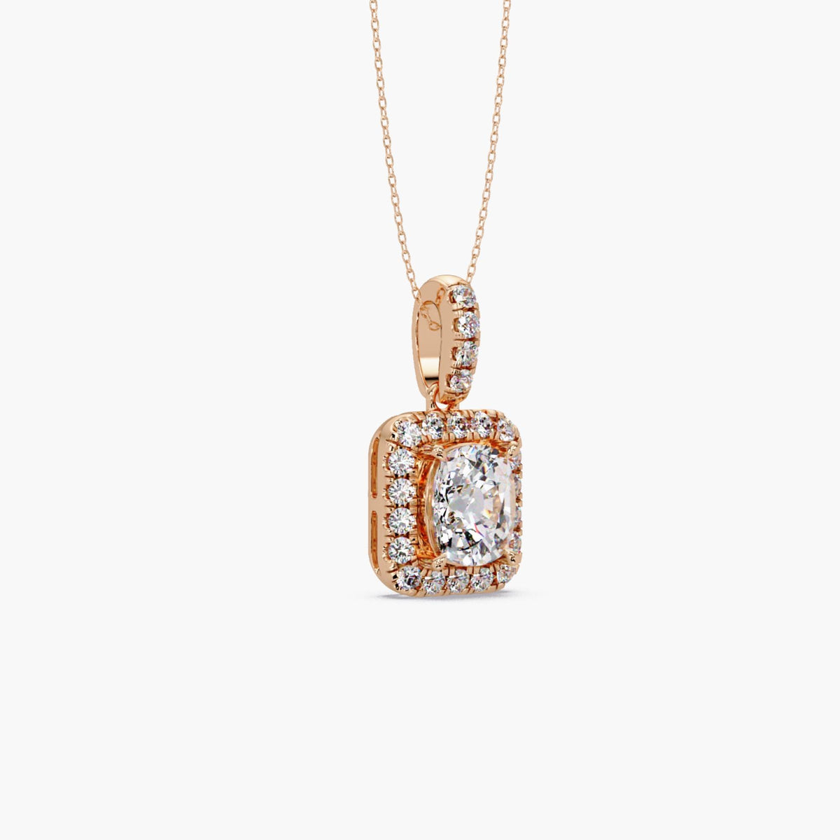 14K rose gold cushion cut lab grown diamond halo pendant necklace with pavé halo and pavé bail on 16–18 inch cable chain, 3.50 CTW, IGI certified 3 CT center diamond