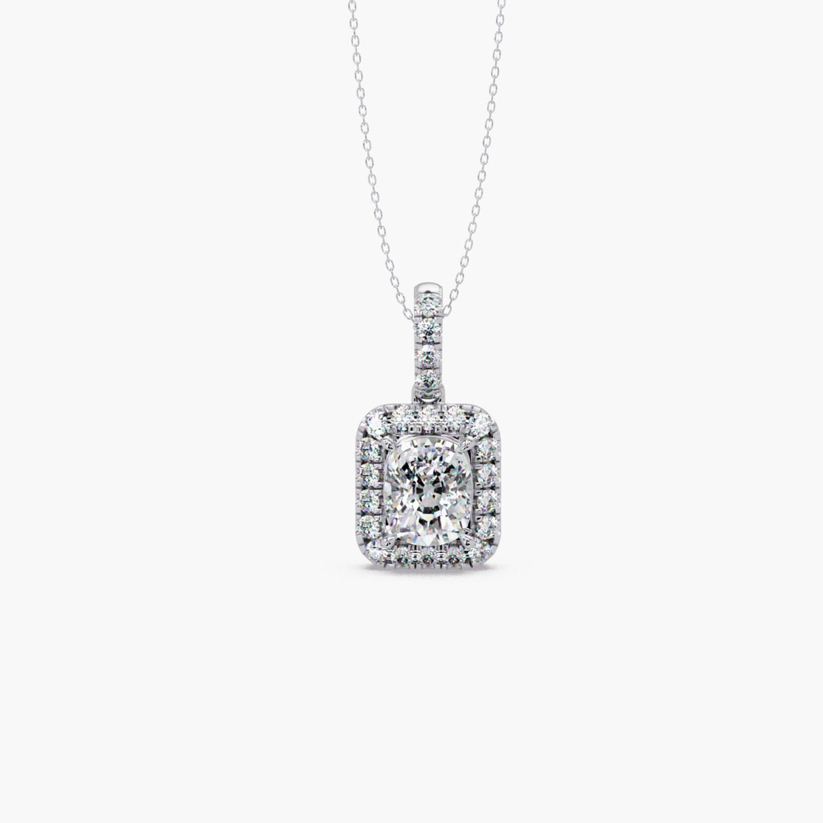 14K white gold cushion cut lab grown diamond halo pendant necklace with pavé halo and pavé bail on 16–18 inch cable chain, 3.50 CTW, IGI certified 3 CT center diamond