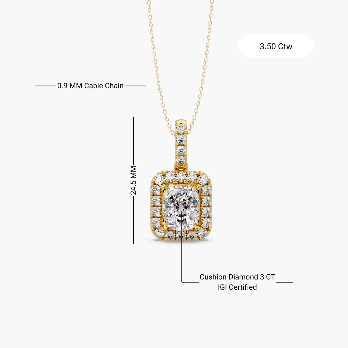 14K yellow gold cushion cut lab grown diamond halo pendant necklace with pavé halo and pavé bail on 16–18 inch cable chain, 3.50 CTW, IGI certified 3 CT center diamond