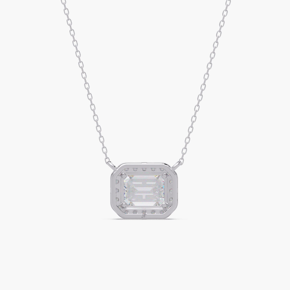 emerald cut diamond halo pendant necklace in 14K white gold with round lab diamond halo and sleek everyday chain