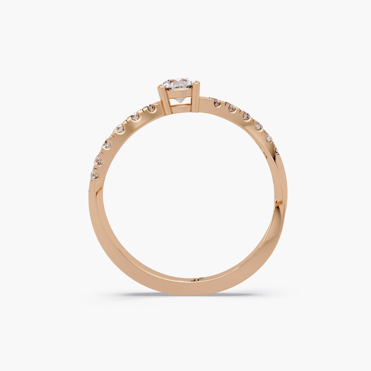 14K rose gold diamond ring with round lab grown solitaire and pavé diamond band, minimalist bridal ring or statement ring