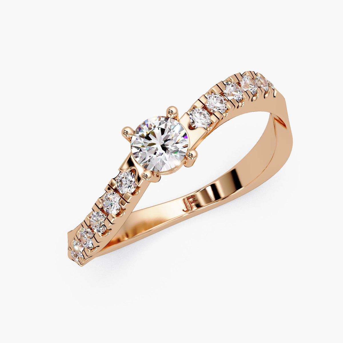14K rose gold diamond ring with round lab grown solitaire and pavé diamond band, minimalist bridal ring or statement ring