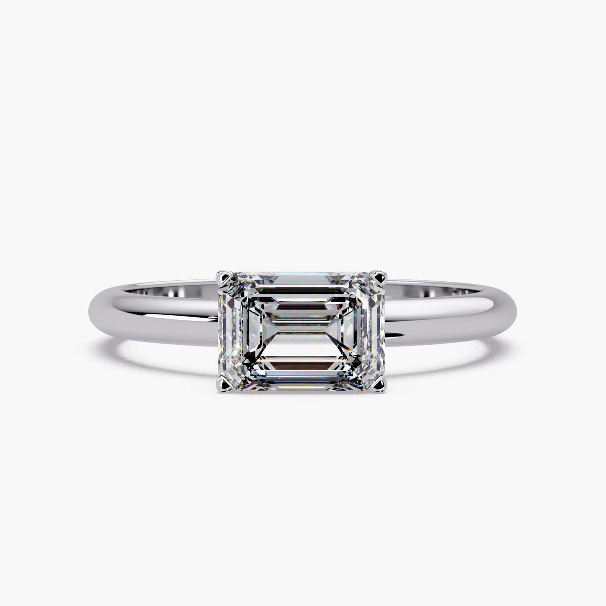 14K white gold emerald cut lab diamond engagement ring, 1ct east west solitaire ring with IGI certified center stone for a clean modern look