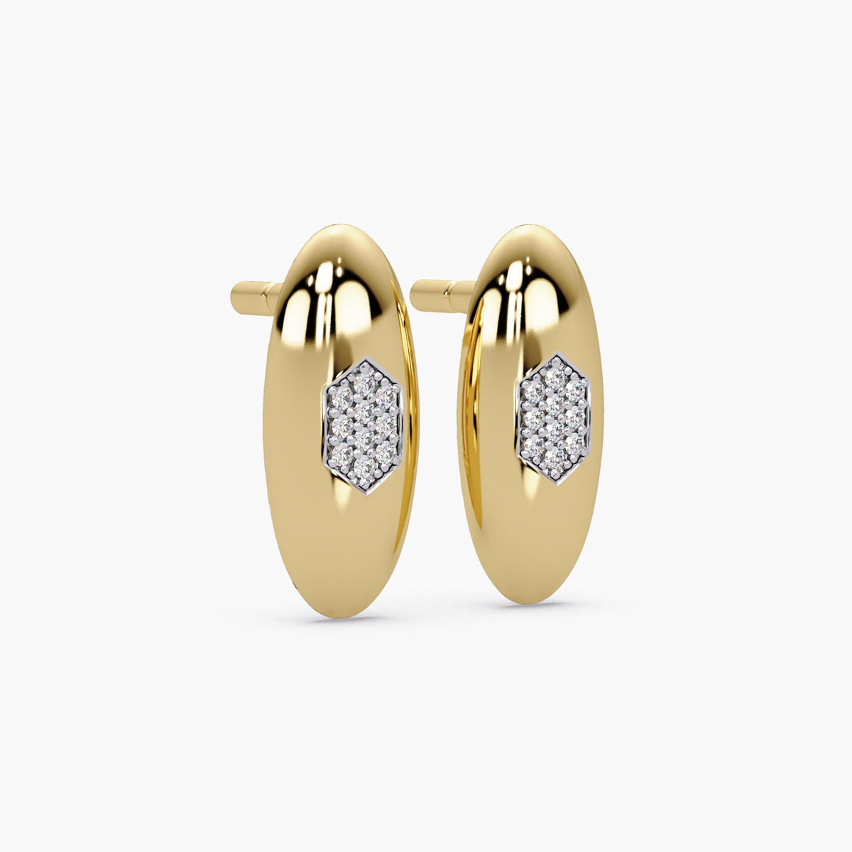 14k gold dome stud earrings showing sculptural shape, solid gold diamond studs with refined profile