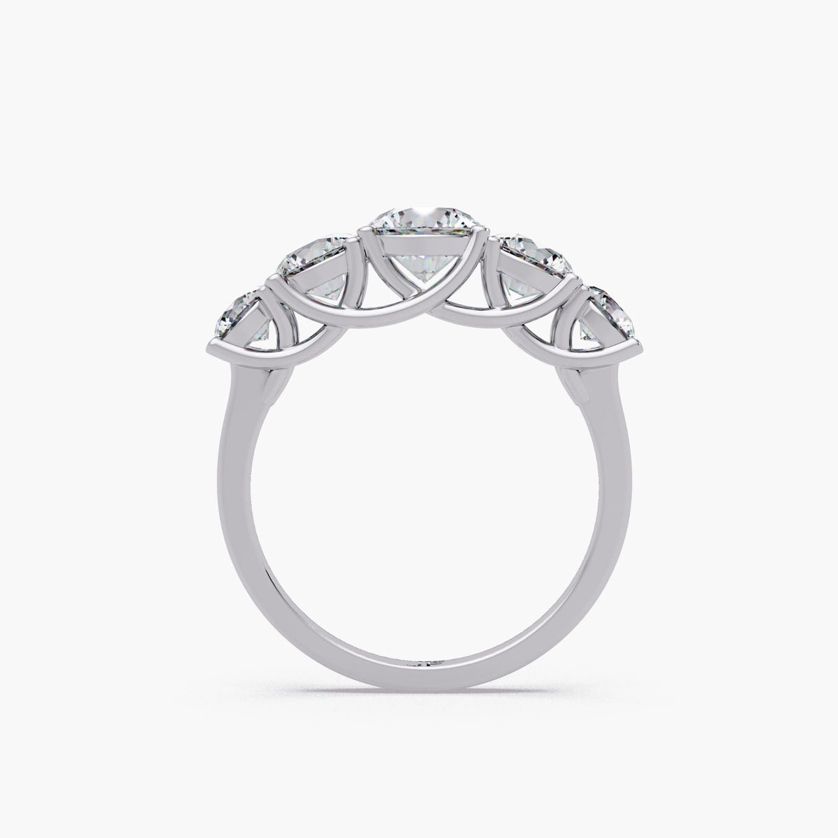 Graduated 5 stone ring with round shape lab grown diamond stones totaling 2.25 CTW, perfect as a lab diamond engagement band or anniversary bands 14k white gold gift.