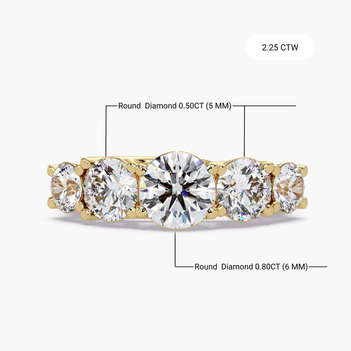 Lab diamond ring five stone design with 2.25 CTW round diamonds in a prong setting, ideal as a five stone wedding ring or diamond anniversary ring for her.