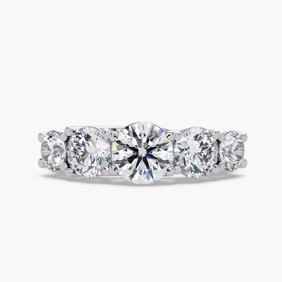 Graduated 5 stone ring with round shape lab grown diamond stones totaling 2.25 CTW, perfect as a lab diamond engagement band or anniversary bands 14k white gold gift.