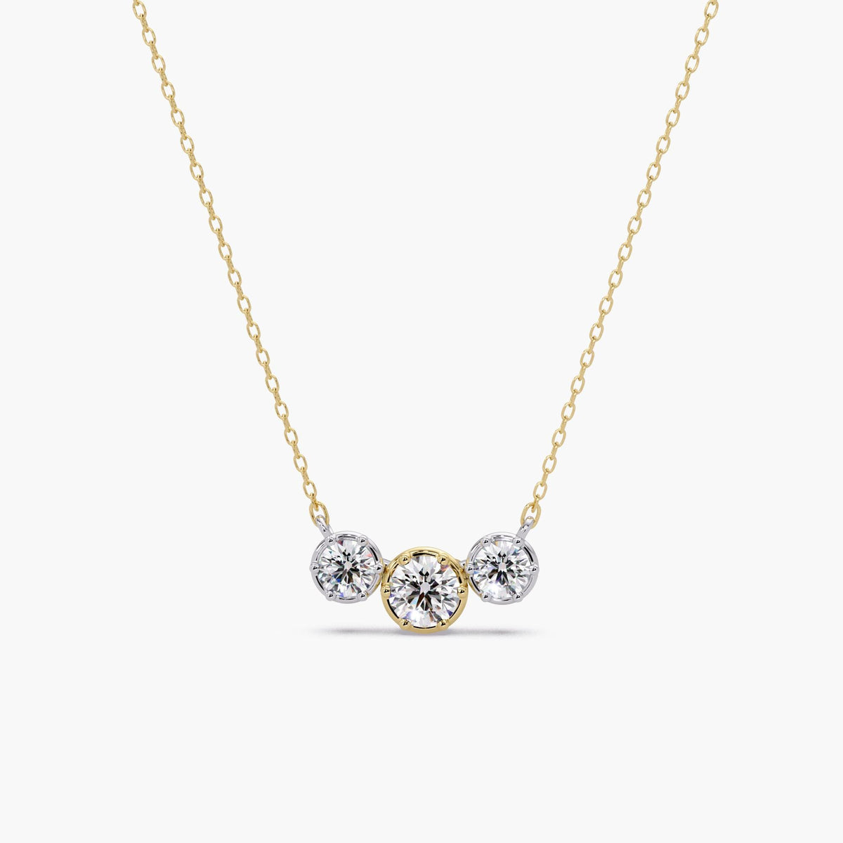 Three stone lab diamond necklace on 14K gold chain with mixed metal crown prong settings