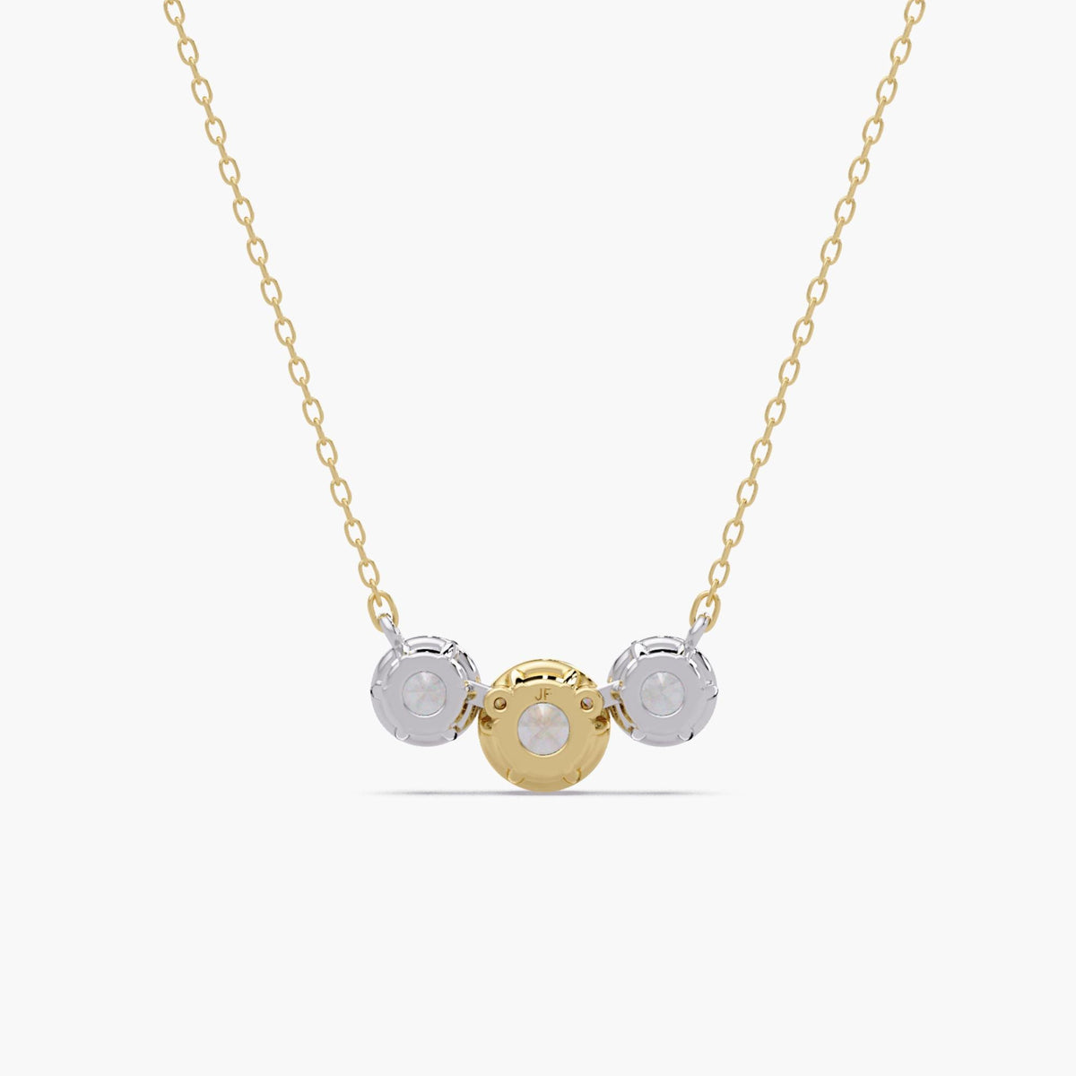 Three stone lab diamond necklace on 14K gold chain with mixed metal crown prong settings