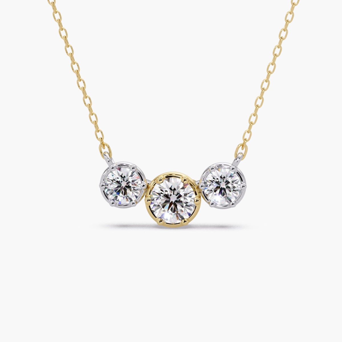 Three stone lab diamond necklace on 14K gold chain with mixed metal crown prong settings