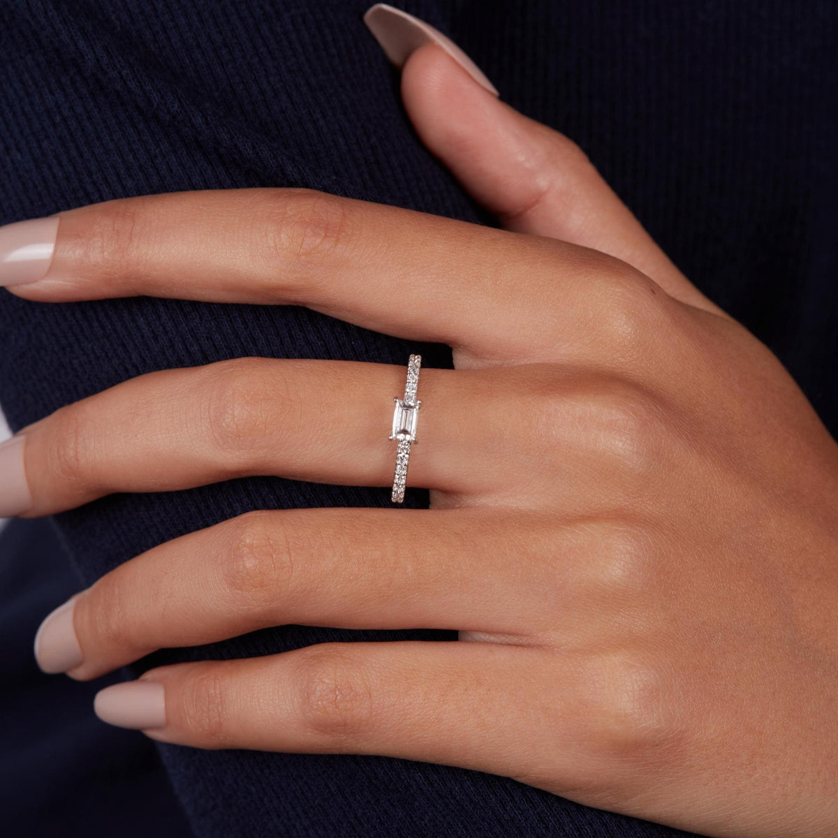 Baguette Diamond Ring | Lab Grown 0.40 CTW East West Engagement Ring | Petite Pave Band