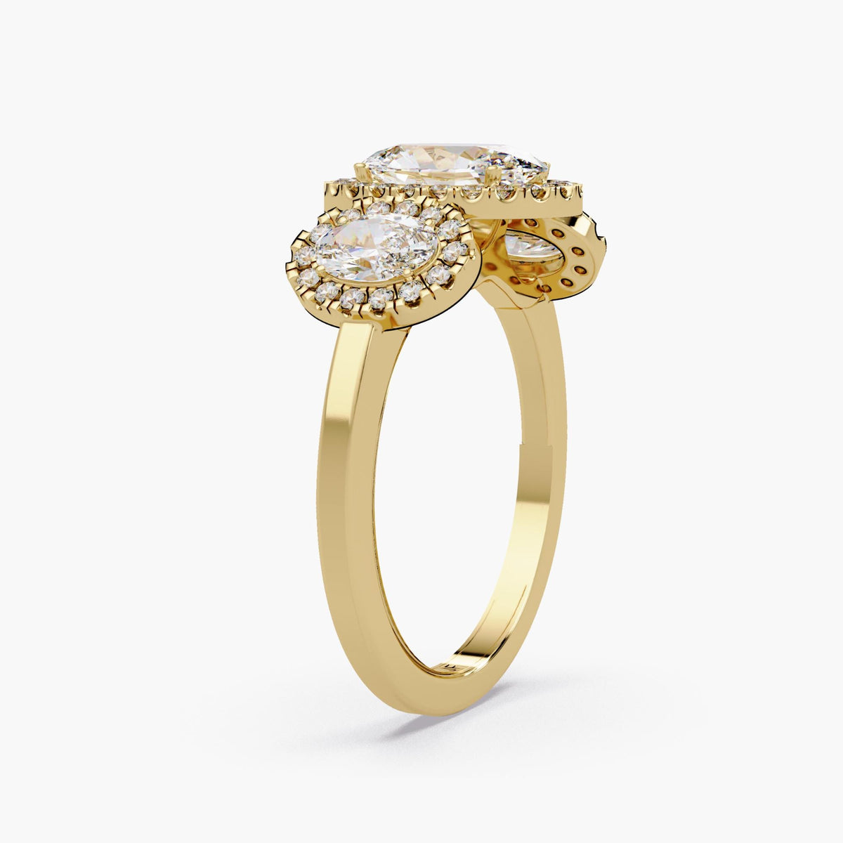 14K yellow gold oval lab grown diamond 3 stone halo ring with IGI certified 1CT center oval, oval side stones, and pavé halo accents, 1.75 CTW engagement or anniversary ring