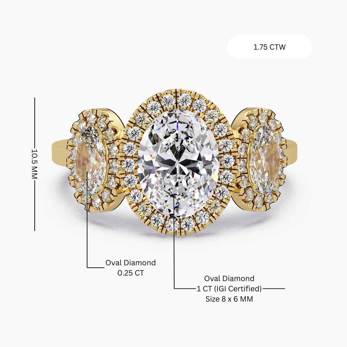 1.75 CTW oval lab grown diamond 3 stone halo engagement ring in 14K yellow gold with IGI certified 1CT center oval (8x6mm), 0.25CT oval side stones, and 10.5mm ring height for statement bridal or anniversary wear