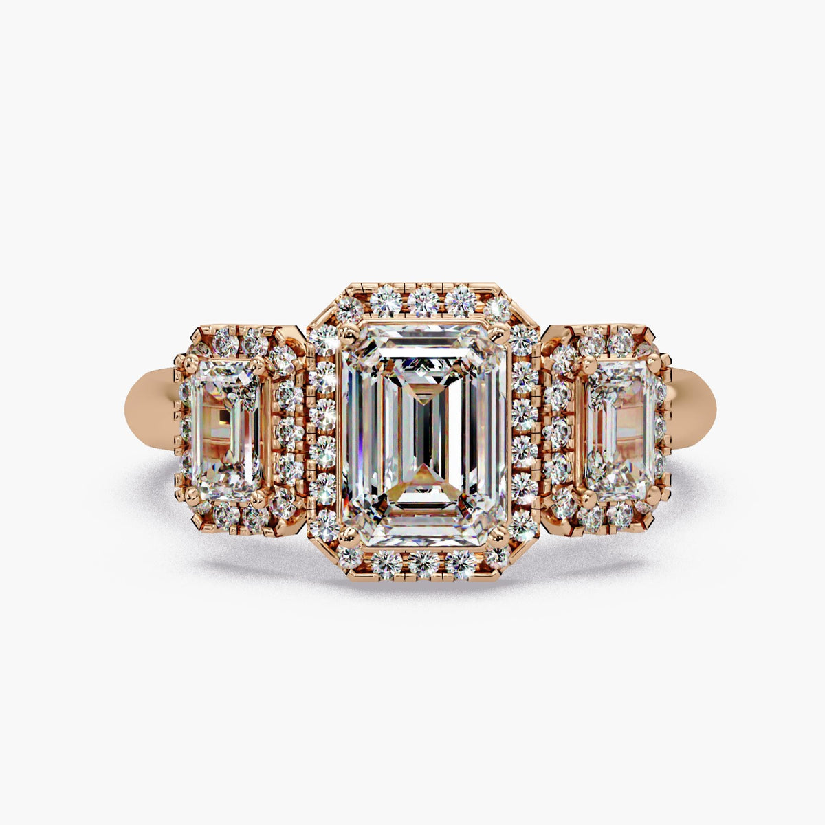 3 Stone Emerald Cut Engagement Ring 14K Gold | IGI Certified Lab Diamond Halo Ring