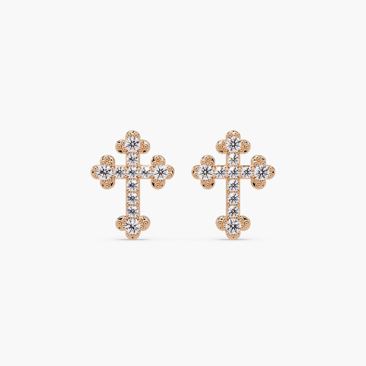 rose gold diamond cross stud earrings, pavé lab diamond cross studs